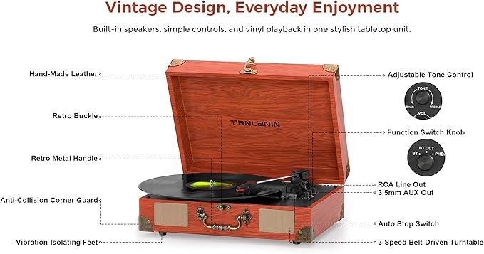 Vinyl Record Player with Bluetooth Output & Input, Treble & Bass Control - Image 8