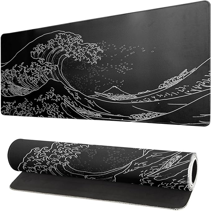 Japanese Gaming Mouse Pad Abstract Black Mouse Pad 31.5x11.8 Inch Black Sea by Siski