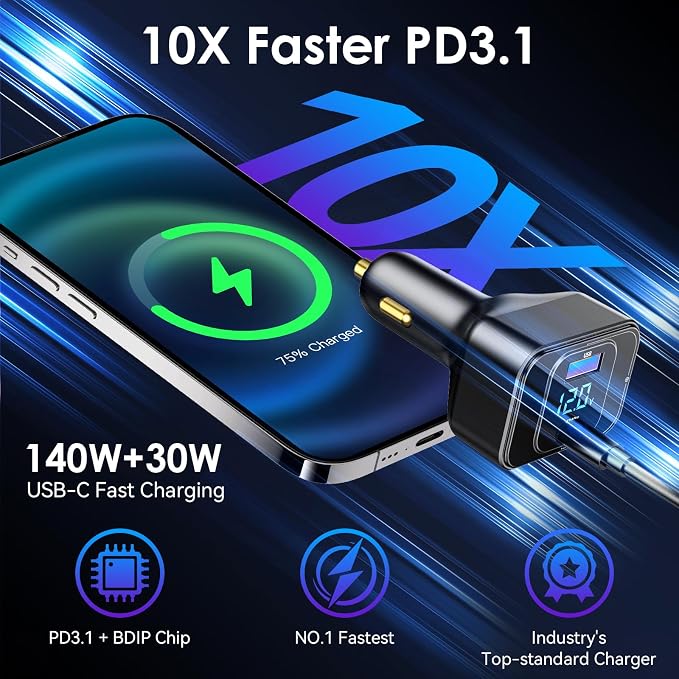 170W PD3.1 Car Charger with LED Voltage Display, USB-C Cigarette Lighter - Image 2