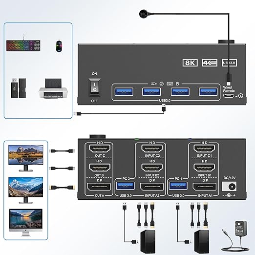 KVM Switch 3 Monitors 2 Computers 8K@60Hz/4K@144Hz, HDMI Displayport KVM - Image 2