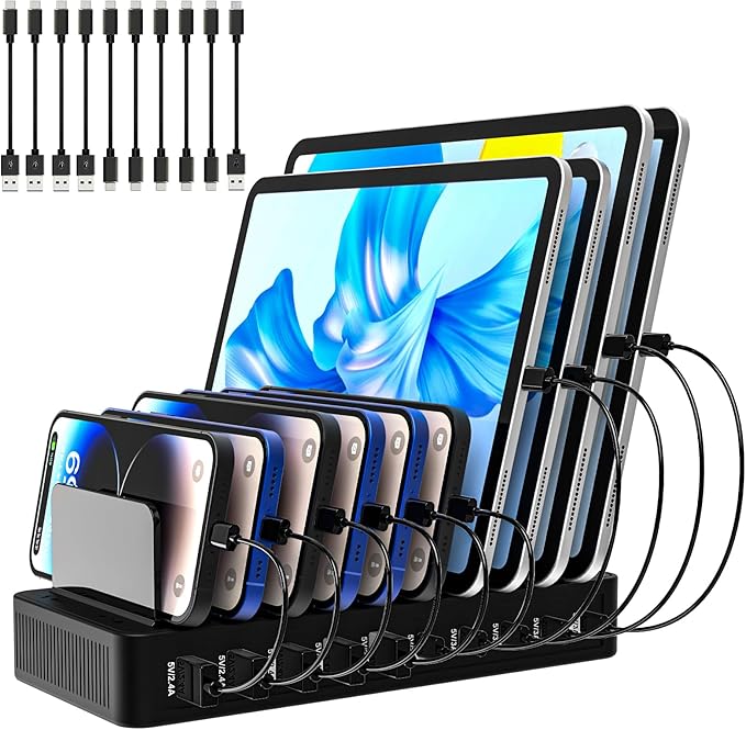 Charging Station for Multiple Devices, 100W 10 Ports Flat Plug Charging Dock by RISWOJOR