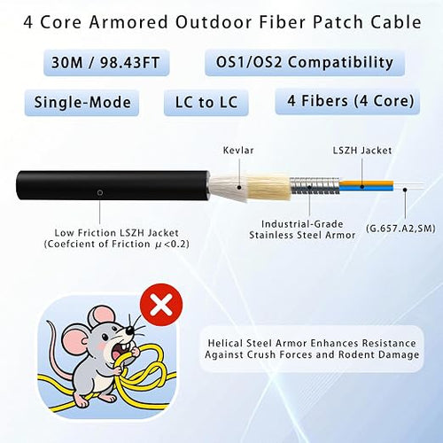 30M/98FT Outdoor Armored LC to LC Fiber Optic Cable, 4 Core OS2 Single Mode - Image 2