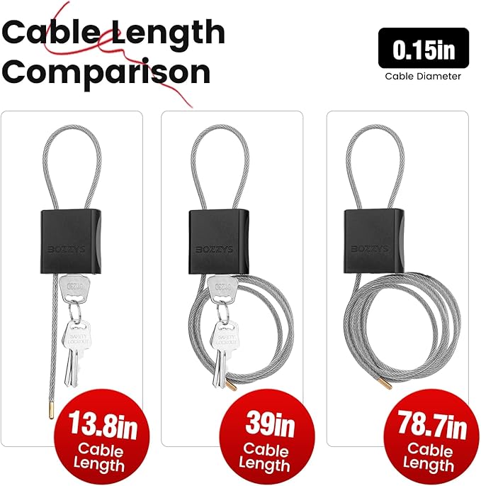Cable Lock with 3 Keys | L 6.56ft, D 1/6in Adjustable Steel Cable Padlock | - Image 9