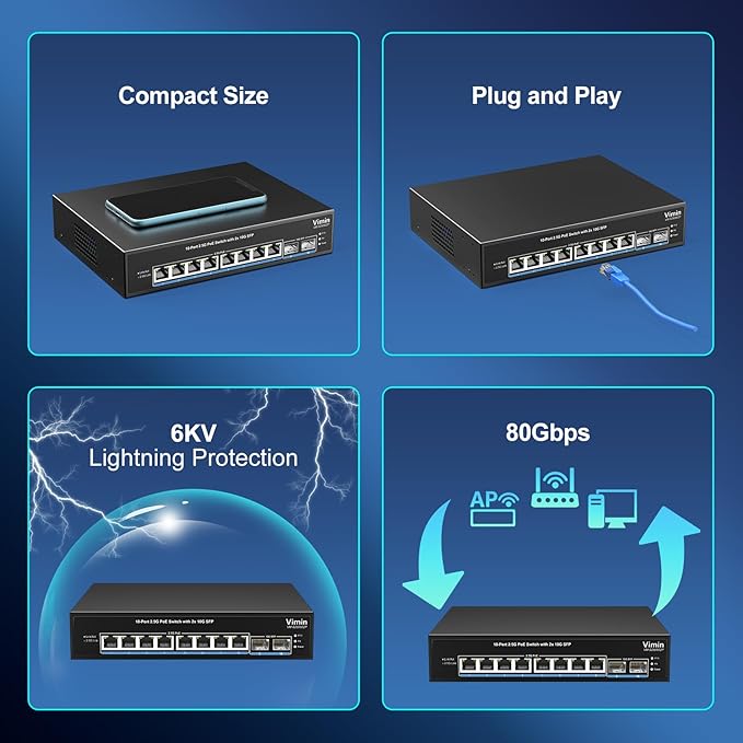 8 Port 2.5G PoE Switch Unmanaged, VIMIN 10x 2.5G Base-T PoE Switch, 2X 10G SFP - Image 7