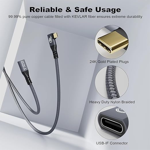 CABLEDECONN USB C 3.2 Gen-2 Extension Cable 0.5M 1.6FT 90 Degree Elbow - Image 5