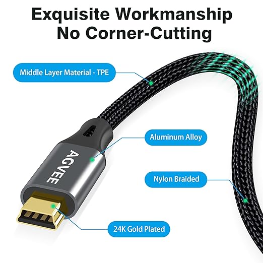 AGVEE 6.6ft Mini USB Cable, Braided Durable USB-A to Mini-B Charger Charging - Image 7