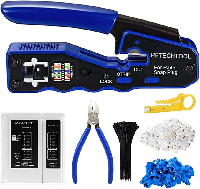 RJ45 Crimp Tool for Cat6 Cat5e Cat5 Pass Through Connectors, All-in-one EZ by PETECHTOOL