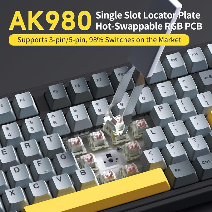 NACODEX Ajazz AK980 Grey Yellow Wireless Mechanical Gaming Keyboard, Tri-Mode - Image 3