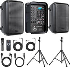 All-in-One 2-Way PA Speaker System DJ Mixer Bundle, 300W 8-Channel Mixer by CAICOUSTIC