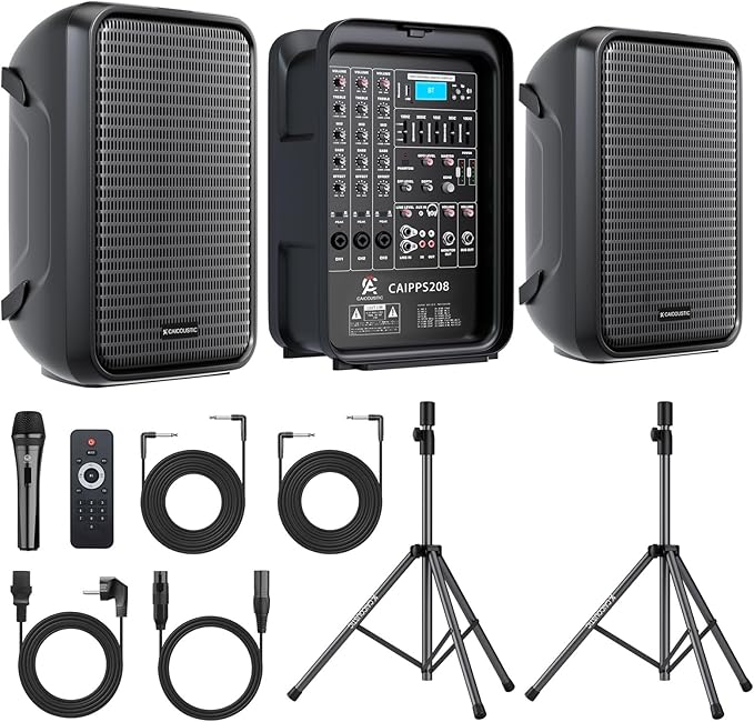 All-in-One 2-Way PA Speaker System DJ Mixer Bundle, 300W 8-Channel Mixer by CAICOUSTIC