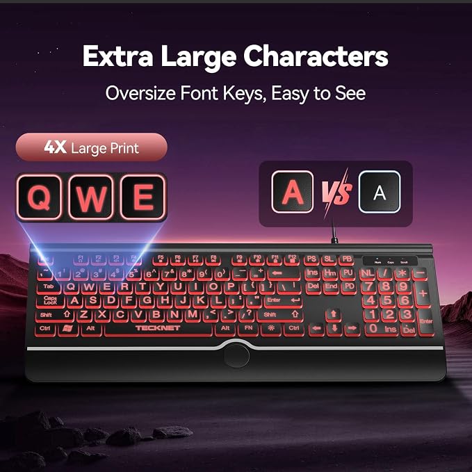 TECKNET Large Print Backlit Keyboard, Wired USB-A Computer Keyboard - Image 2