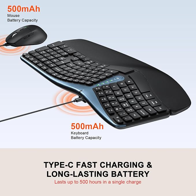 Ergonomic Wireless Keyboard Mouse Combo, MK835 Wave Keys Bluetooth/2.4G Split - Image 3