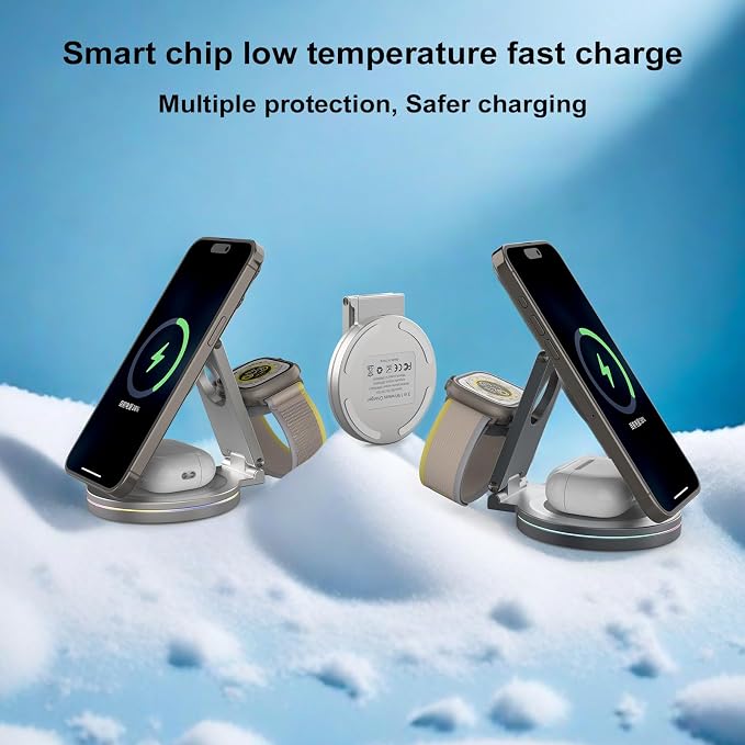 Foldable 360º Rotatable Zinc Alloy 3-in-1 Magnetic Wireless Charger, 3 in 1 - Image 5