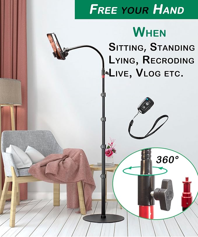 Phone Overhead Stand, Gooseneck Phone Floor Stand, Tall Video Cell Phone Mount - Image 6