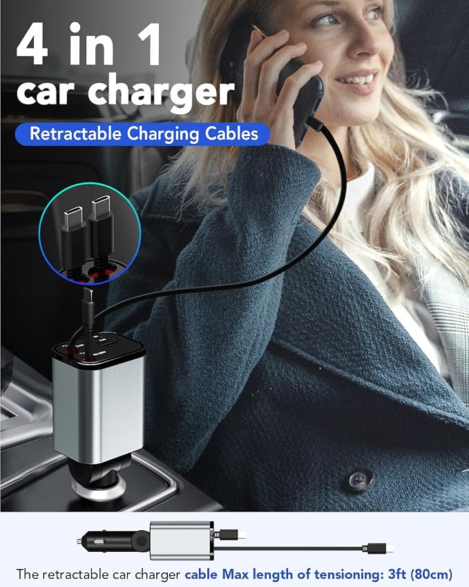 Retractable Car Charger, 4 in 1 Fast Car Phone Charger 66W, 2 Retractable - Image 2