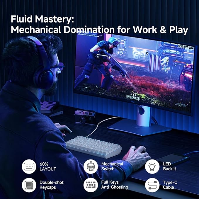 TMKB 60% Mechanical Gaming Keyboard, LED Backlight, Anti-Ghosting, Detachable - Image 2