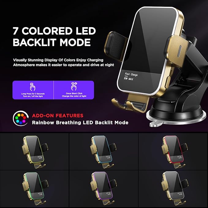 Wireless Car Charger, 【7 Colored RGB Backlit】 15W Auto Clamping Phone Holders - Image 2
