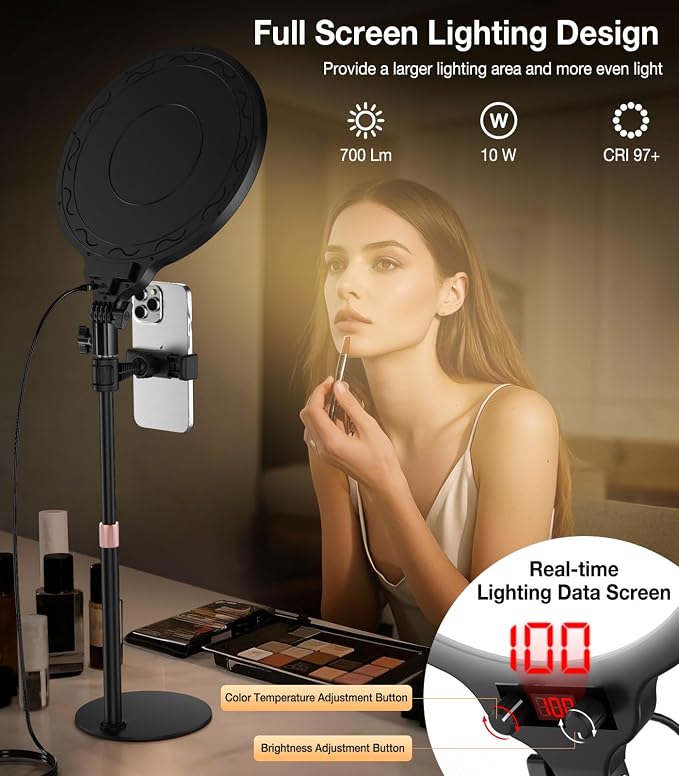 MoKo Desk Ring Light with Stand and Phone Holder, Dimmable Zoom Lighting - Image 3