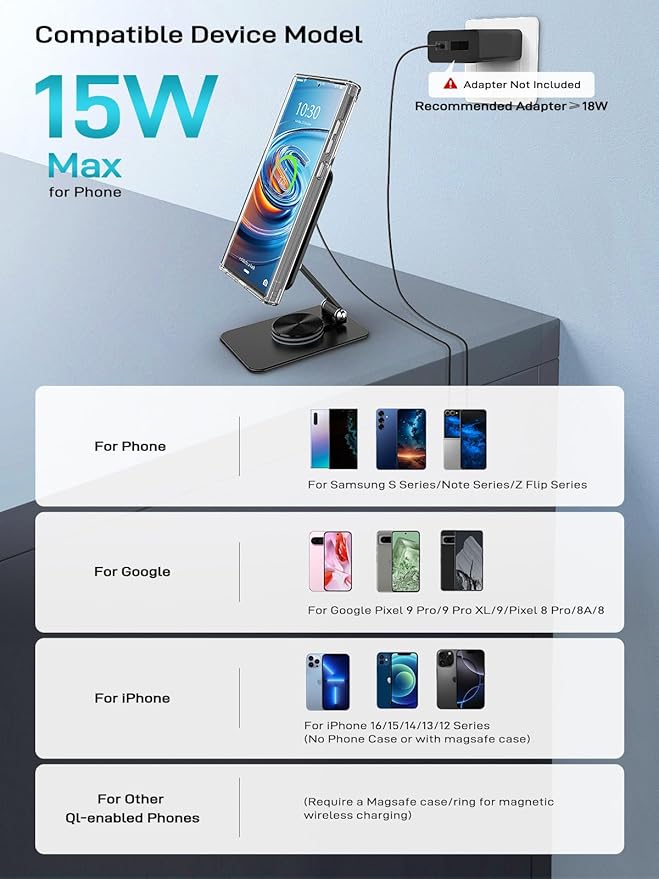 Compatible with MagSafe Charger, 15W MagSafe Charger Stand, 360°Rotation Base - Image 2