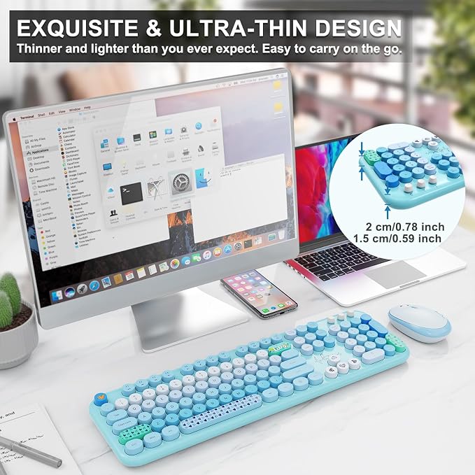 Wireless Keyboard and Mouse Set, 104 Round Keys Full-Size Cute Colorful - Image 5