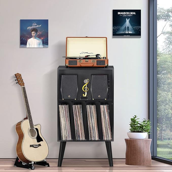Lerliuo Record Player Stand, Mid-Century Vinyl Storage Cabinet Table - Image 4