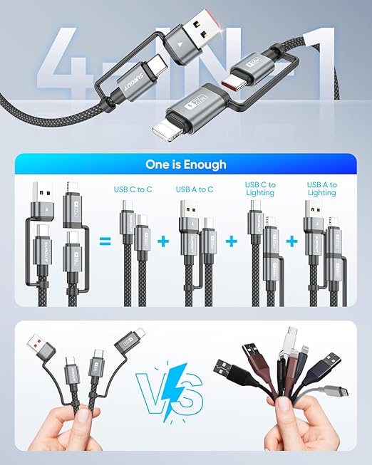 SUNGUY 4 in 1 Charging Cable 2FT, 60W Multi Charging Cable, USB-C/A to - Image 2