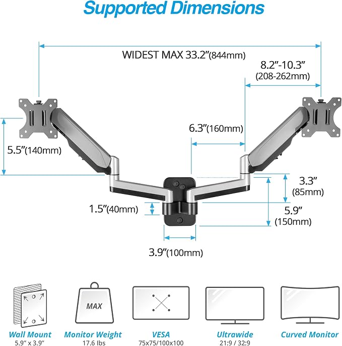 AVLT Dual Extended 13"-32" Monitor Wall Mount fits Two Flat/Curved Computer - Image 2