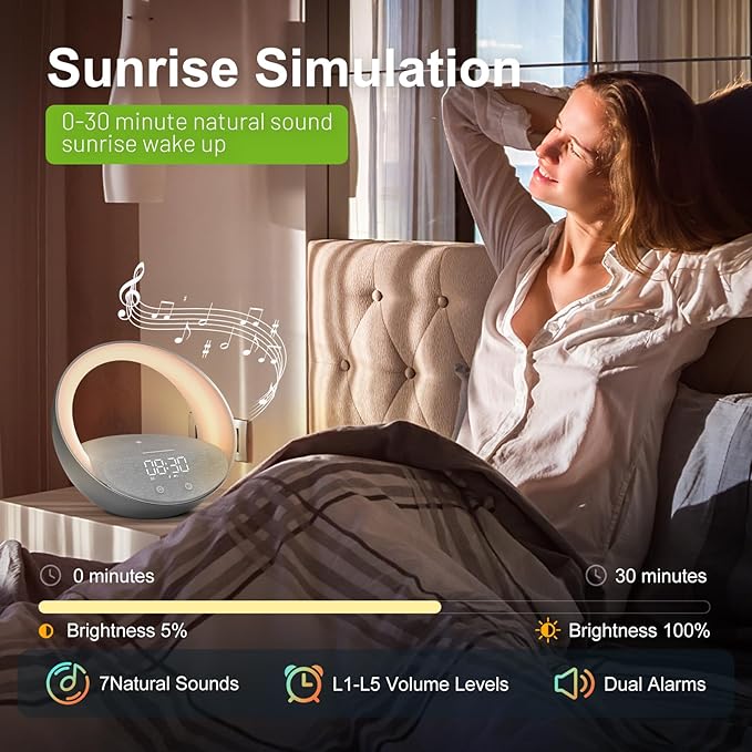 Bluetooth Alarm Clock, Sunrise Simulation Wake Up Night Light, 15W Fast - Image 2