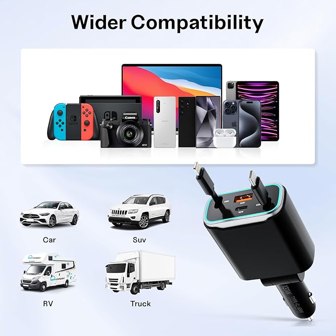 iPhone Car Charger, 4 in 1 Retractable Fast Car Phone Charger Adapter 131W - Image 7