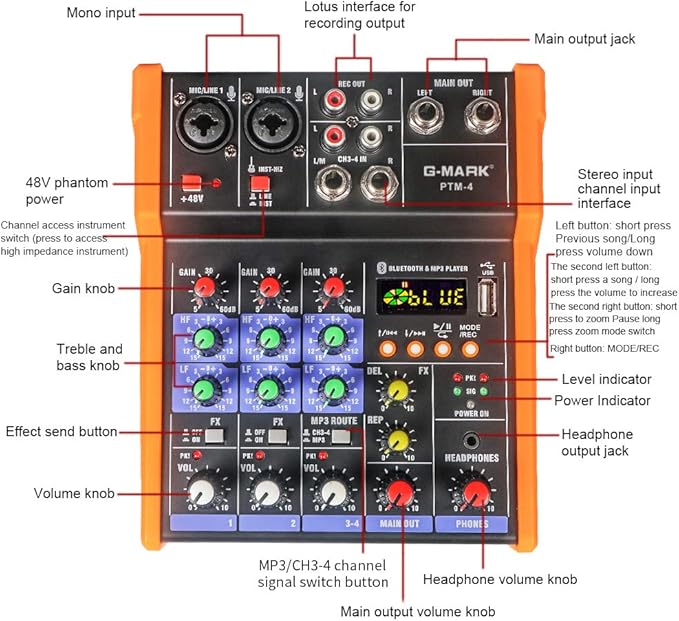 G-MARK Analog Mixer Audio 4 Channel DJ Audio Mixer Bluetooth Studio Karaoke - Image 5
