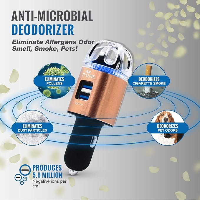 Car Air Purifier 3in1 Premium Stainless Steel Air Filter Ionizer w/Dual USB - Image 2