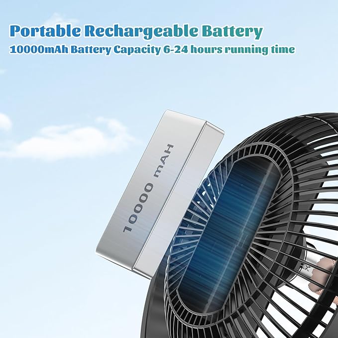 ATEngeus USB Desk Fan, Rechargeable Portable Fan, 8-Inch Clip on Fan, 10000mAh - Image 6