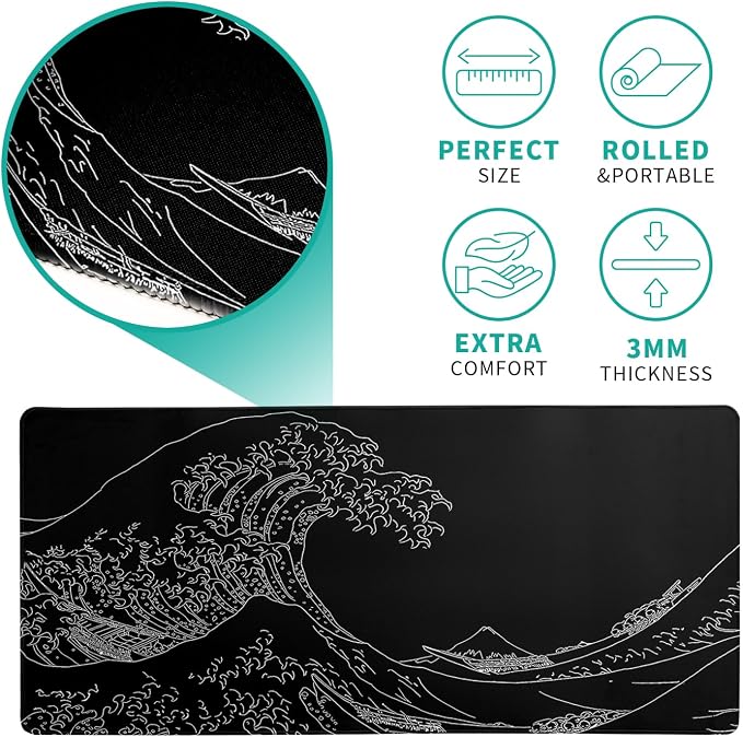 Japanese Sea Wave Large Mouse Pad Abstract Black Mouse Pad 31.5x11.8 Inch Black - Image 5