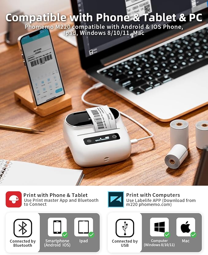 Phomemo Label Maker, M220 Barcode Printer, Thermal Bluetooth Label Printer - Image 4