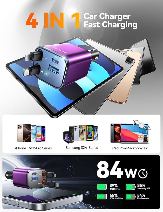 Retractable Car Charger USB C 84W Car Accessories Adapter - Image 4