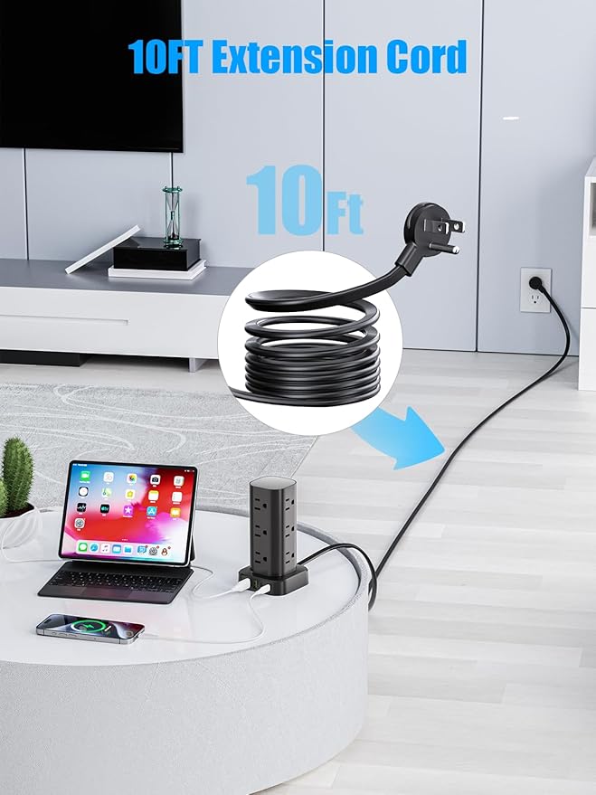 Flat Plug Power Strip Tower Surge Protector, 10FT Flat Extension Cord - Image 6