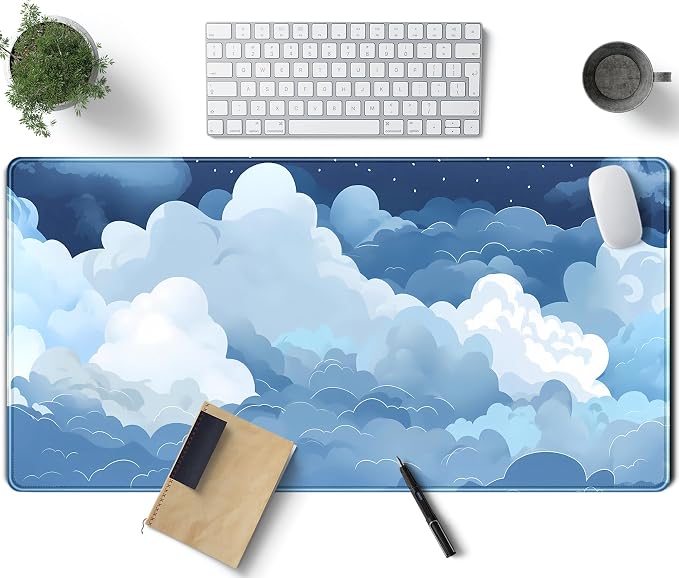 Aesthetic Blue and White Puffy Clouds Desk Mat, XXL Large Kawaii Blue Extended by TENG+DA+QING