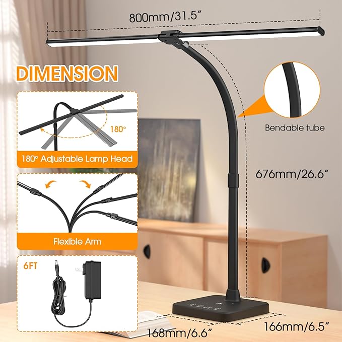 ShineTech LED Desk Lamp for Home Office, 24W Double Head Desk Light - Image 5