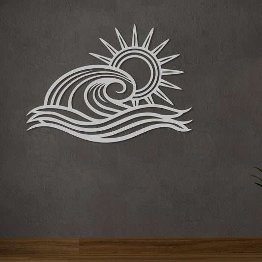 Wita Home Ocean Wave Metal Wall Art, Sun Beach Decor, Coastal Large Wall Sculpture for Home, Indoor/Outdoor Use, Nautical Wall Hanging, Eye-Catching Addition to Living Room (Silver, 24 x 14 inches)