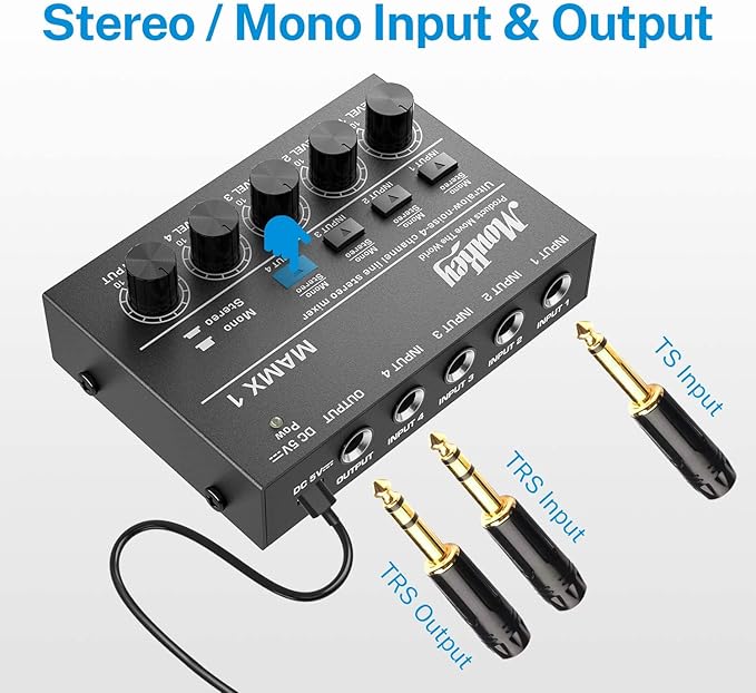 Moukey Mini Audio Mixer, DC 5V, 4 Stereo Ultra, Low Noise 4 Channel Line Mixer - Image 2