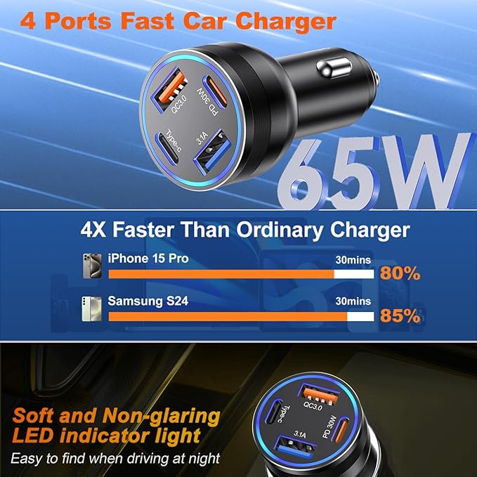 Car Charger USB C, Dual USB-C & USB-A Car Phone Charger Adapter Accessories - Image 2