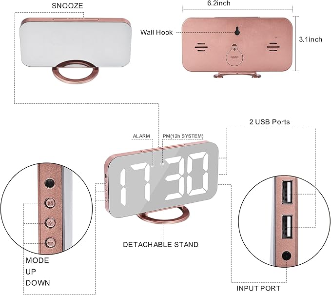SZELAM Alarm Clock for Bedroom, LED and Mirror Digital Clock Large Display - Image 4