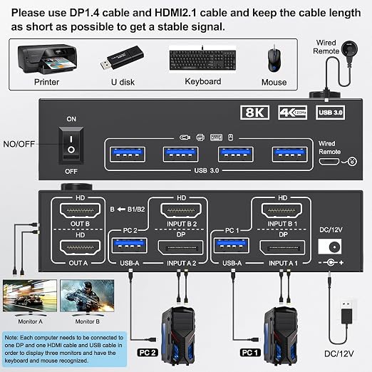 KVM Switch 2 Monitors 2 Computers 8K@60Hz/4K@144Hz, HDMI Displayport KVM - Image 2