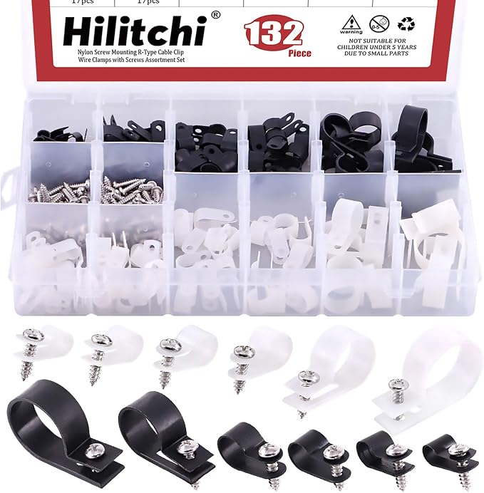 Hilitchi 132 Pcs 6 Sizes Black and White Plastic Cable Clamp R Type Screw by Hilitchi