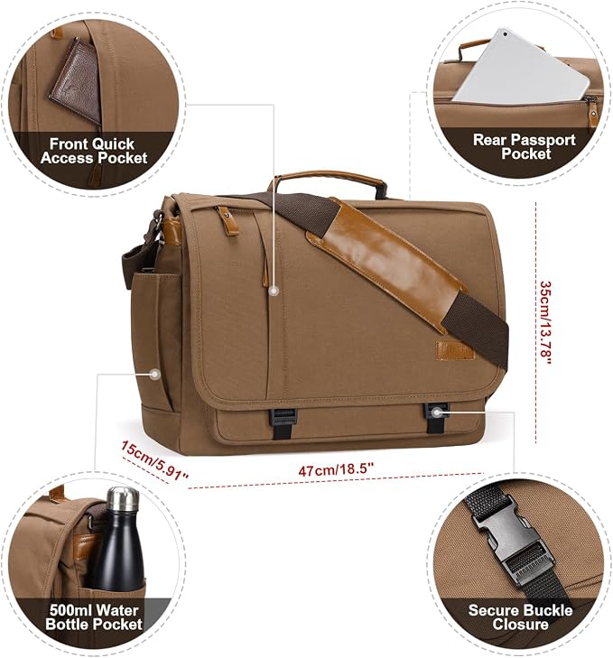ESTARER Messenger Bag 17-17.3 Inch, Men's Computer Bag Water-resistant Canvas - Image 3