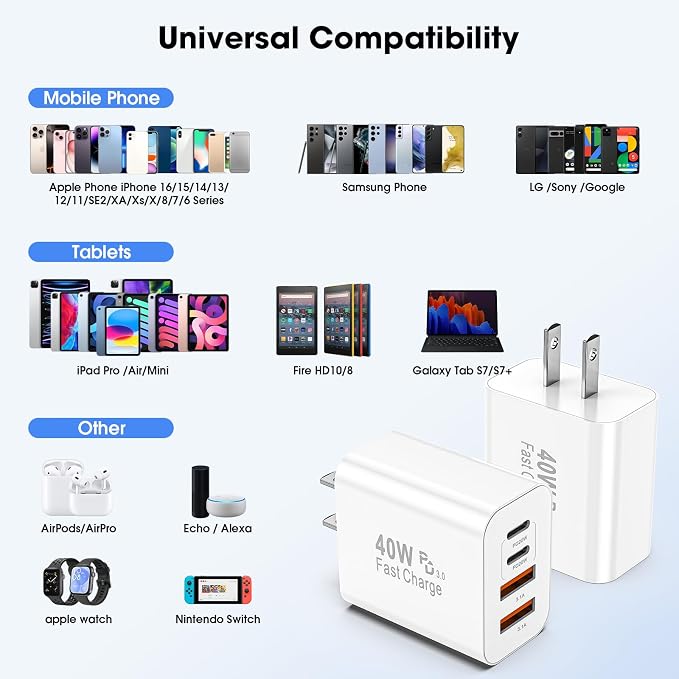 USB C Charger Block, 2 Pack 40W 4-Port iPhone Charger Fast Charging Multiport - Image 8
