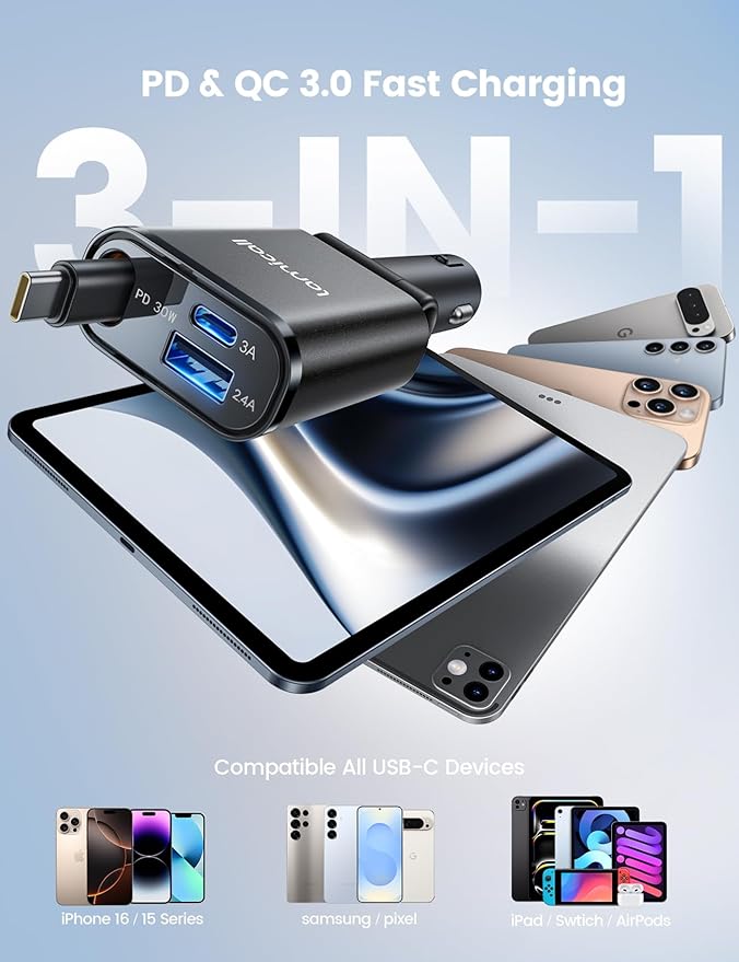 Lamicall Retractable Car Charger USB C Fast Charging 57W Type C Car Phone - Image 4