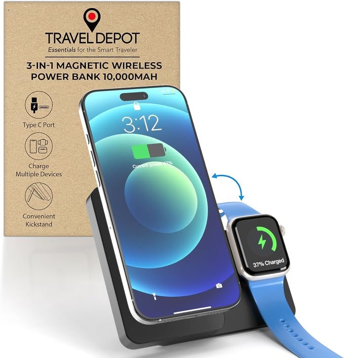 Magnetic Wireless Power Bank, 3-in-1 Portable Charger 10000mAh w/Kickstand by TRAVELDEPOT