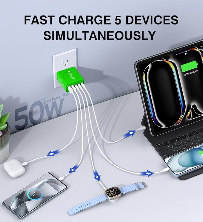 2 Pack 50W USB C Fast Charger Block, 5-Port Type C Wall Charger Brick, 2 USB A - Image 3