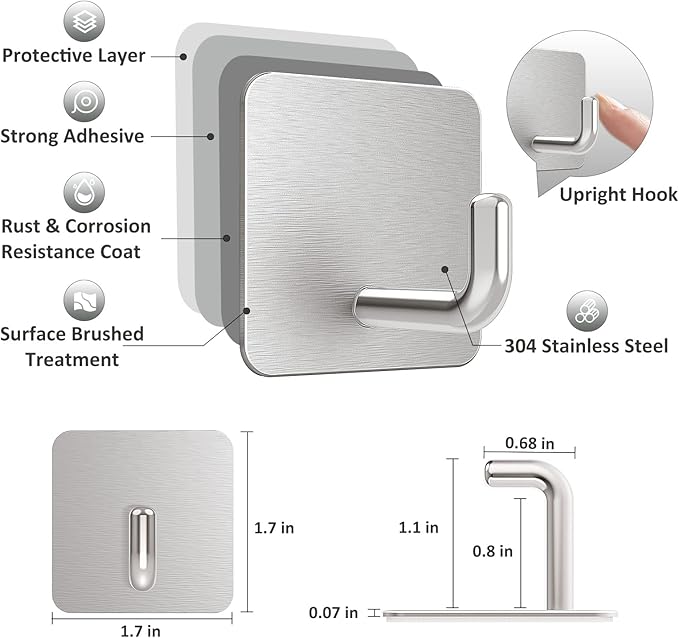 VIS'V Adhesive Hooks, Metal Shower Wall Stick on Hooks, Waterproof, 2 Extra - Image 3